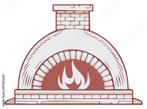 Traditional Brick Pizza Oven with Visible Flames and Chimney Illustration