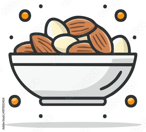Bowl filled with almonds and macadamia nuts, representing healthy snack, nutrition and diet concept