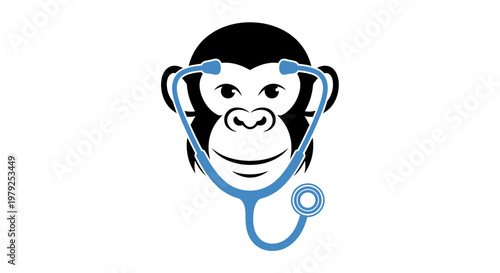 Monkey doctor icon design with blue stethoscope on white background