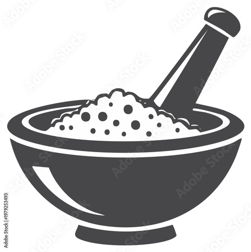 Grinding spices or herbs in a mortar and pestle kitchen tool illustration