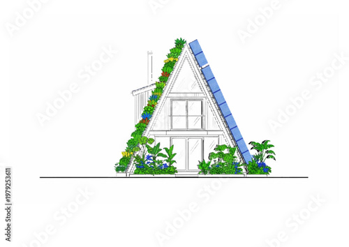 Architectural vision A-frame home with solar technology and vibrant green walls, embodying eco-conscious design
