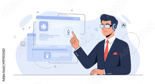Man in suit with headphones interacting with digital interface for AI technology