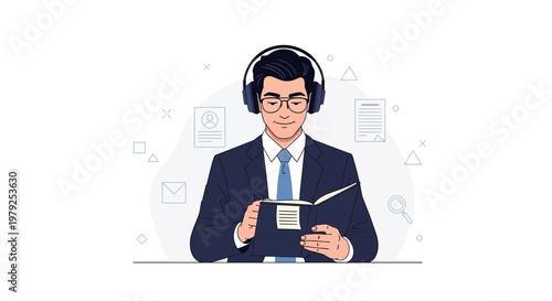 Man in suit with headphones reading a book, business concept, online learning, knowledge
