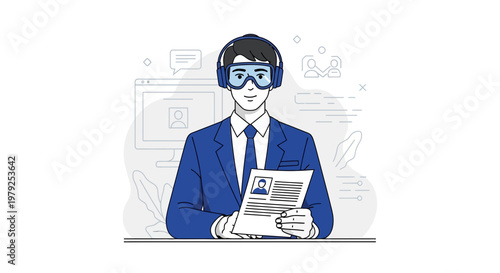 Man in Suit with VR Goggles Holding Resume, Online Job Interview Concept