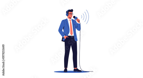 Man in Suit with Headphones Speaking into Microphone, Sound Waves Emanating