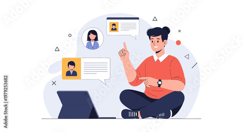 Man in video call, pointing finger, laptop, chat bubbles with profiles, online communication concept