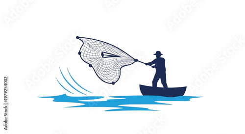 Man in boat with fishing net.