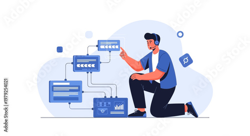 Man Interacting with Digital Flowchart, Business Process Management, Data Analysis