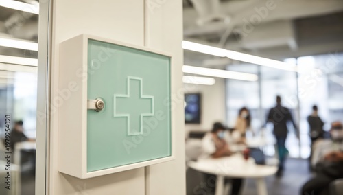 A medical cross sign is mounted on a wall, indicating a healthcare or first aid area in a modern office or communal workspace.