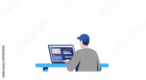Man wearing blue cap using laptop.