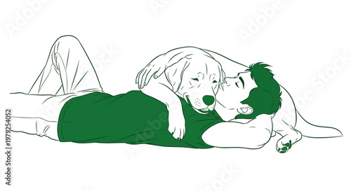 Man and dog cuddling while lying down showing affection