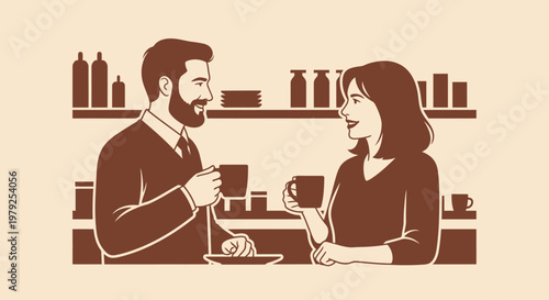 Man and woman drinking coffee at counter in cafe