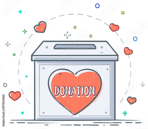 Illustration of a donation box with hearts and stars in a cheerful style