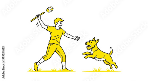 Man playing fetch with happy dog outdoors