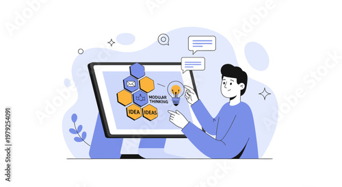 Man interacting with digital interface showing modular thinking and ideas on a computer screen