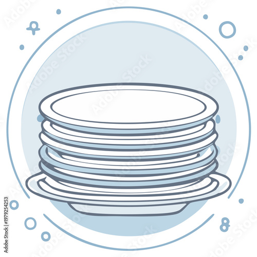 Stack of clean white dinner plates kitchen household chores dishwashing vector illustration