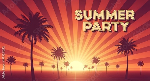 Vibrant Summer Party Background with Palm Trees at Sunset