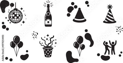 Party Celebration Icons and Symbols in Black and White
