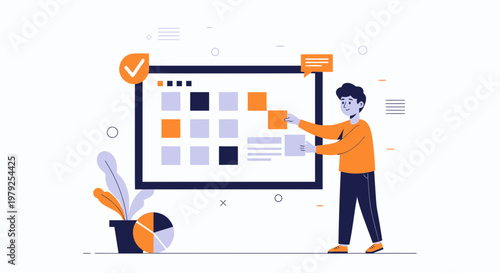 Man organizing tasks on a digital board, project management, planning, strategy, business concept