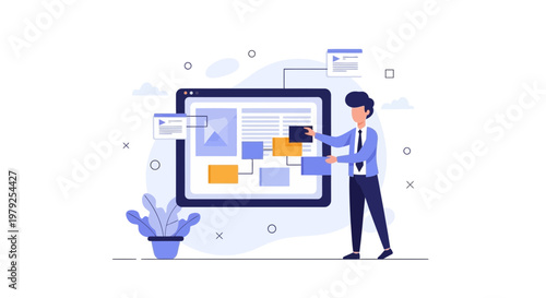 Man organizing digital interface, business planning, workflow and project management concept