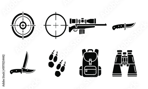 Hunting icons and gear symbols.