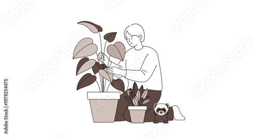 Person caring for houseplants with pet ferret at home