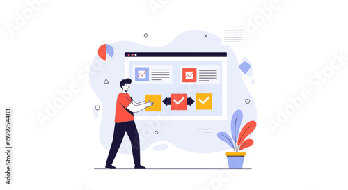 Man organizing workflow steps on a digital interface, business process illustration