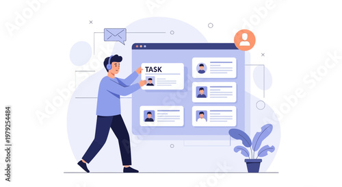 Man organizing tasks on a digital board, project management, teamwork, productivity concept
