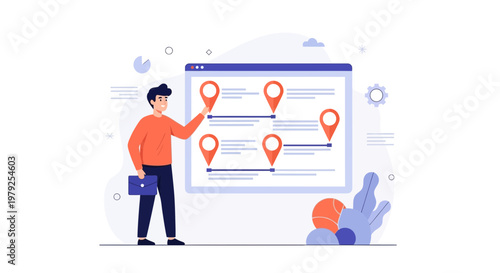 Man planning route on digital dashboard with map pins, business strategy concept