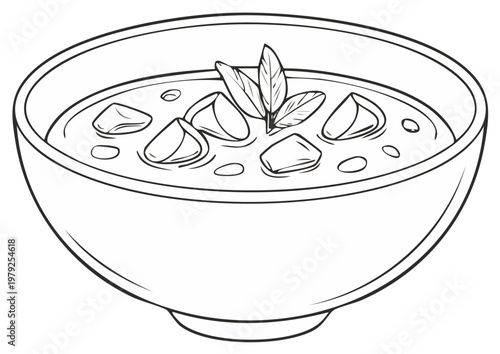Black and white outline illustration of a comforting bowl of stew with vegetables and herbs