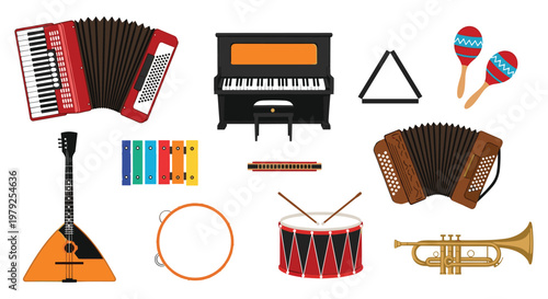 "Set of Various Musical Instruments Including Piano, Accordion, Trumpet, Xylophone, and More for Music, Entertainment, and Performance Design Projects"