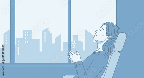 Relaxed woman holding hot drink by window with city view