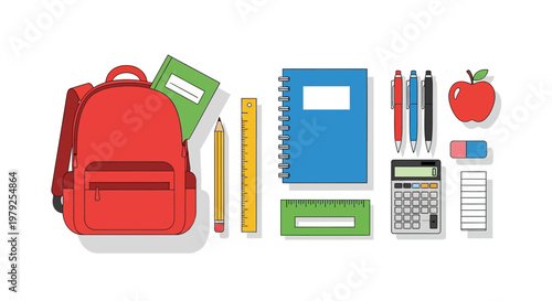 School supplies and stationery items arranged.