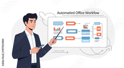 Man presenting automated office workflow diagram on screen, business process automation concept