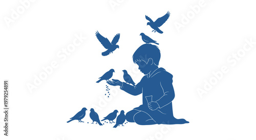 Silhouette of child feeding birds outside.