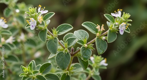 Close up view of a green herbal plant with small green leaves and tiny white flowers blooming in nature