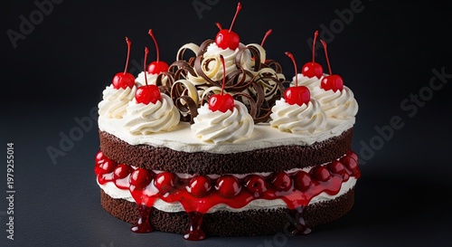 Chocolate Layer Cake with Cherries and Whipped Cream.