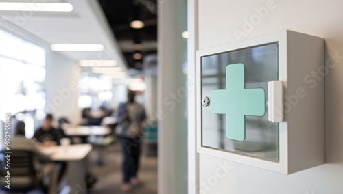First aid kit mounted on a wall in a modern office environment with people working and walking in the background.