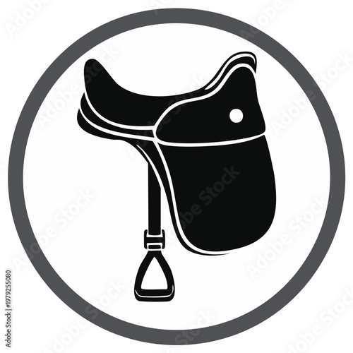 Horse Saddle with Stirrup Silhouette in Circle, Equestrian Sport Symbol