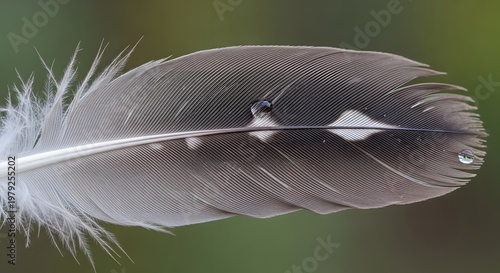 Close up of a soft bird feather with delicate water droplets resting on the surface against a blurred background