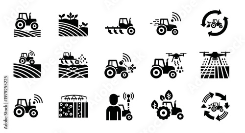 Minimalist black icon set illustrating advanced farming systems with tractors and plowing concepts. Features abstract representations of soil processing, crop cycles, irrigation