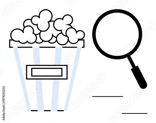 Movie search concept. Popcorn bucket and magnifying glass exploring movies, streaming services, or entertainment choices. Movie search in the context of cinema, streaming, fun, hobbies, research