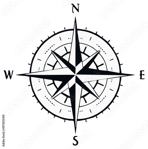 Vintage compass rose with north south east west direction symbols and radial markings