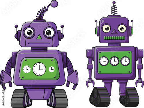 Two purple cartoon robots with green panels and clocks on their chests