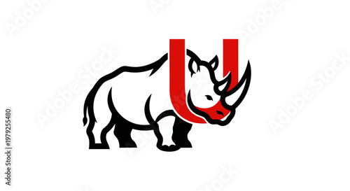 Rhino mascot with letter u design concept in red and black color