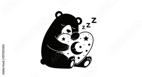 Sleeping bear hugging heart with moon and stars vector illustration