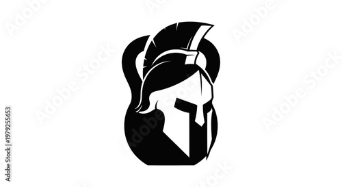 Spartan warrior helmet and kettlebell emblem in black and white silhouette