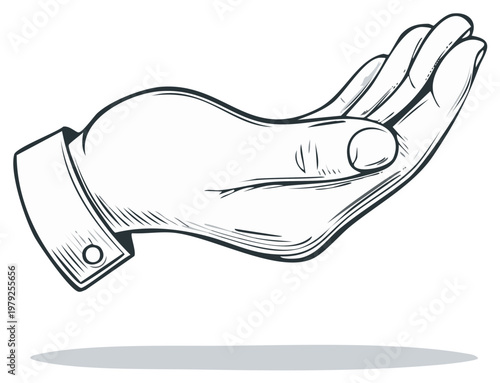 Open Hand Open Palm Gesture Offering or Receiving Drawn in Vintage Sketch Style