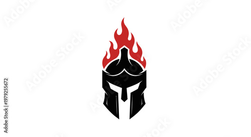 Spartan helmet symbol with fiery flames isolated on white background