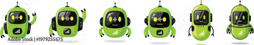 A set of six green robot vector illustrations with various emotive expressions